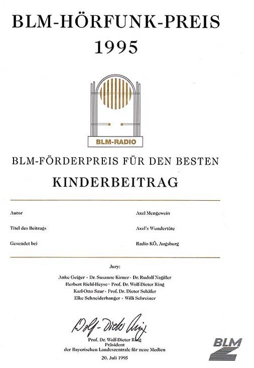 blm - h�rfunkpreis f�r die beste kindersendung bayerns 1995